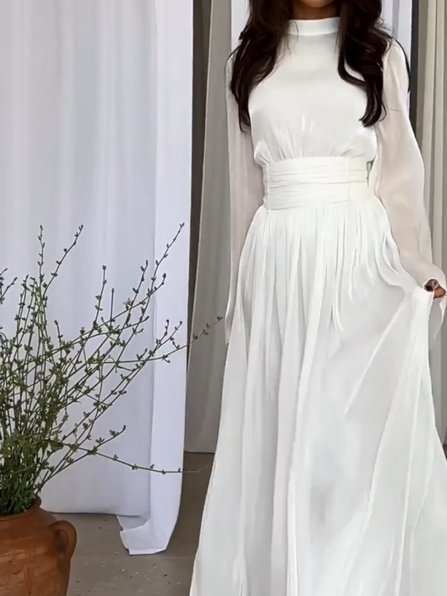 Women's Long Sleeve Maxi Dress with Waistband and High Neckline