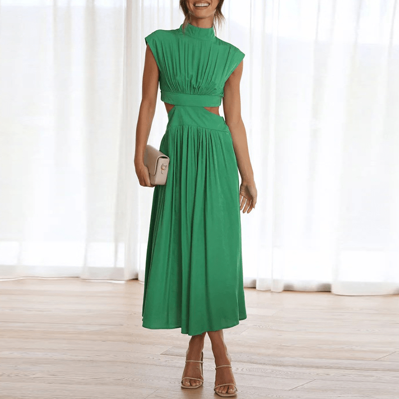 Women's High Neck Flowy Midi Dress with Cut-Out Detail