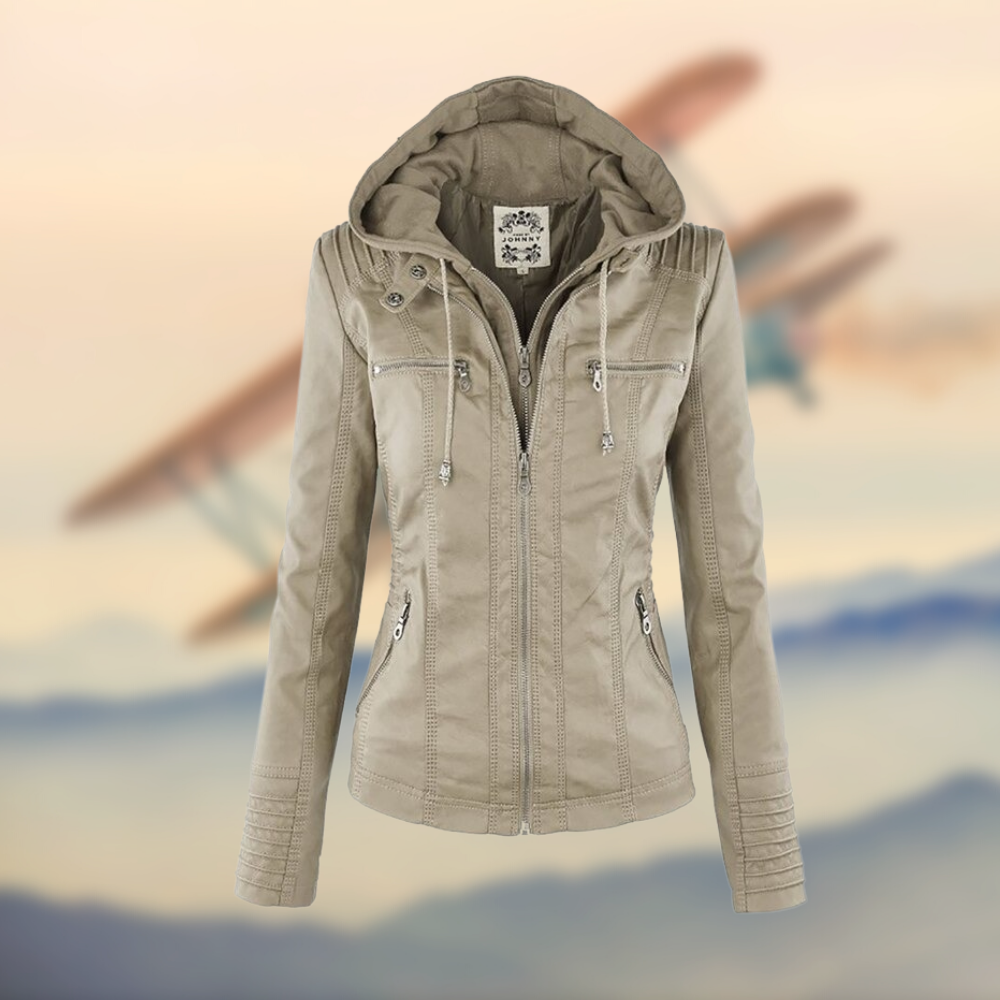 Women's Fitted Leather Jacket with Hood and Zipper Details