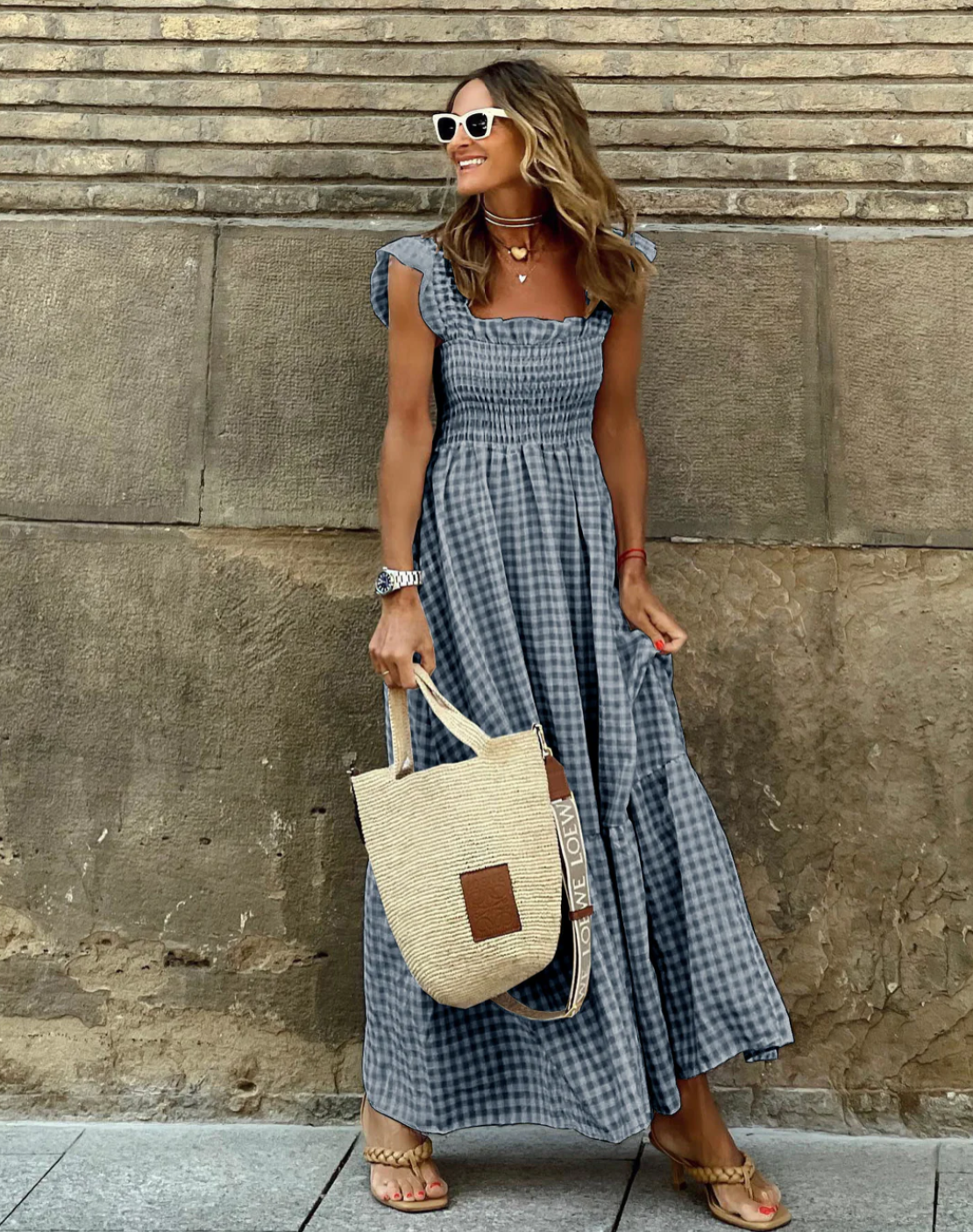 Women's Smocked Gingham Maxi Dress with Ruffle Sleeves
