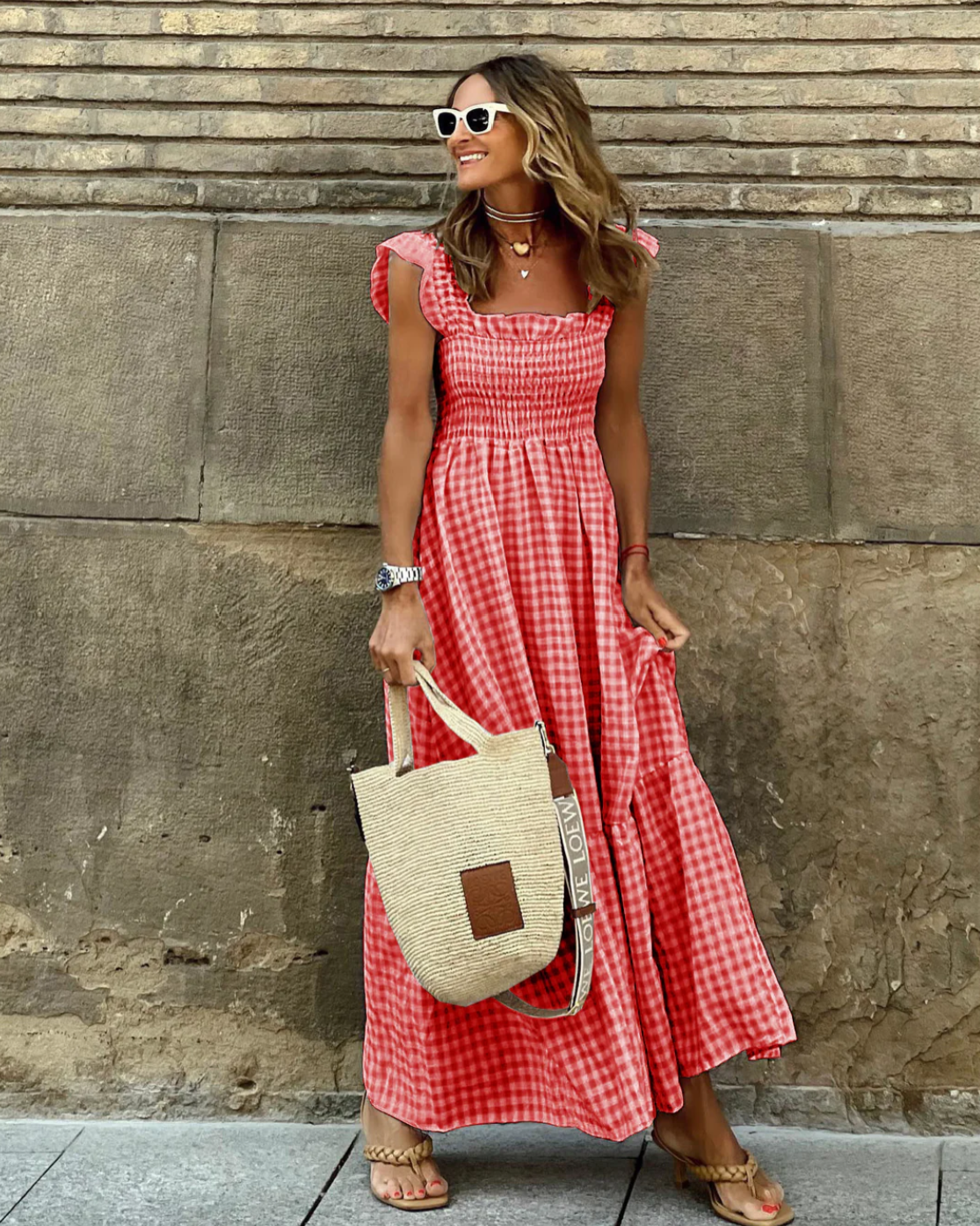 Women's Smocked Gingham Maxi Dress with Ruffle Sleeves