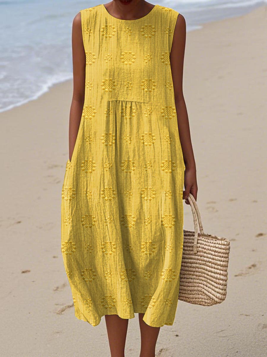 Women's Sleeveless Embroidered Midi Dress with Relaxed Fit