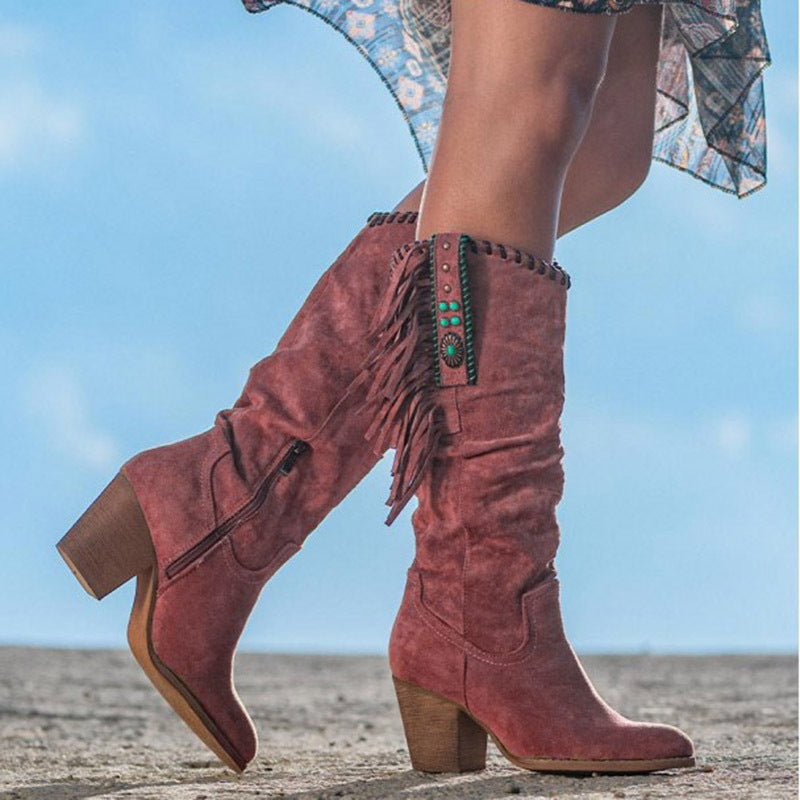 Women's Knee High Cowboy Boots with Fringe and Block Heel