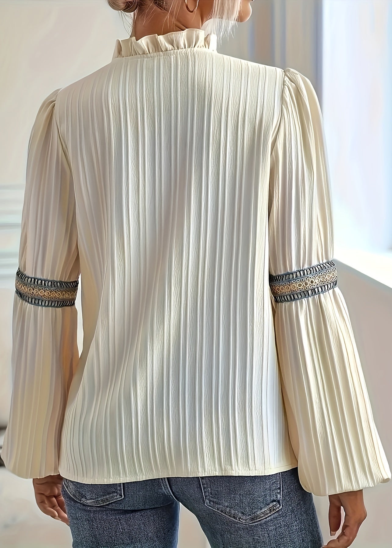 Women's Pleated Long-Sleeve Blouse with Embroidered Trim