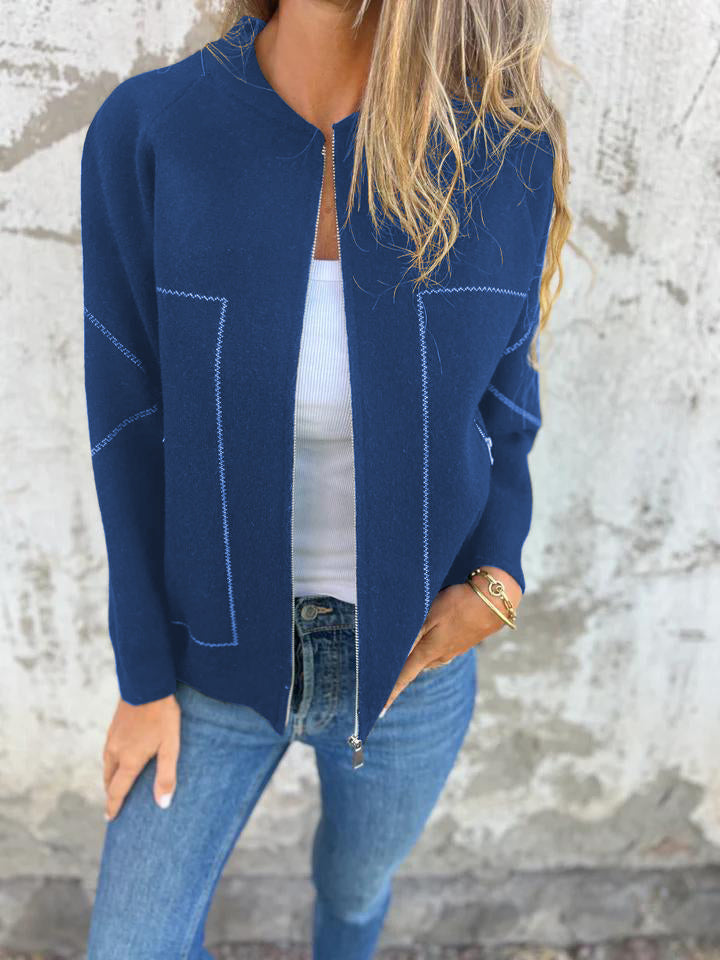 Women's Zip Front Casual Jacket with Round Neck and Side Pockets
