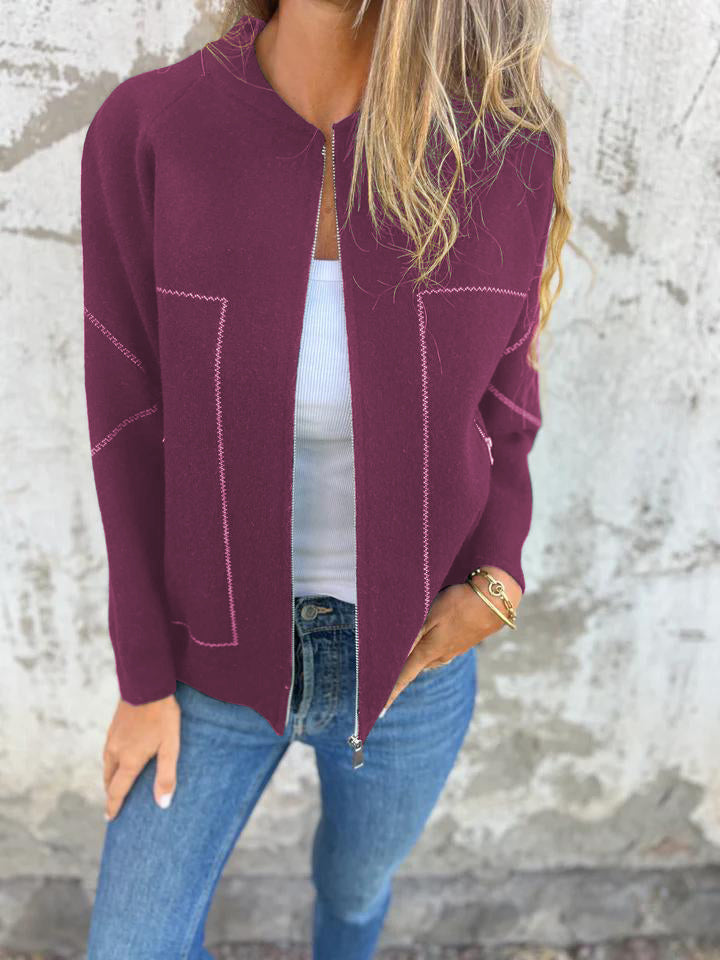 Women's Zip Front Casual Jacket with Round Neck and Side Pockets