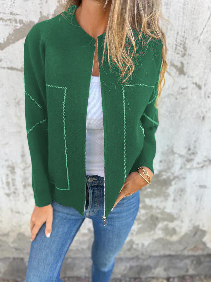 Women's Zip Front Casual Jacket with Round Neck and Side Pockets
