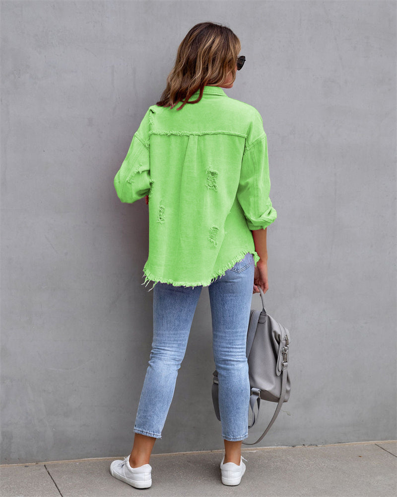 Women's Distressed Button-Up Denim Jacket with Raw Hem Edges
