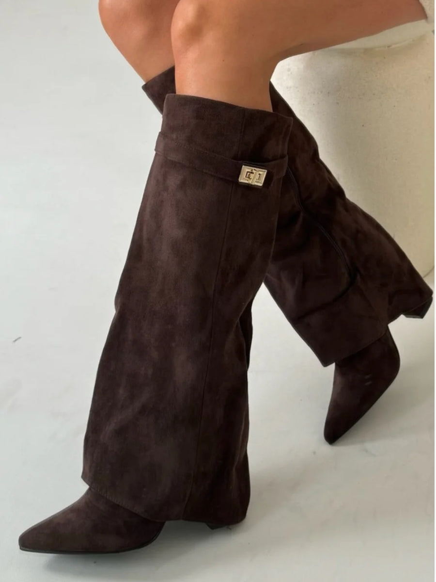 Women's Knee High Boots with Wide Flare Top and Block Heel