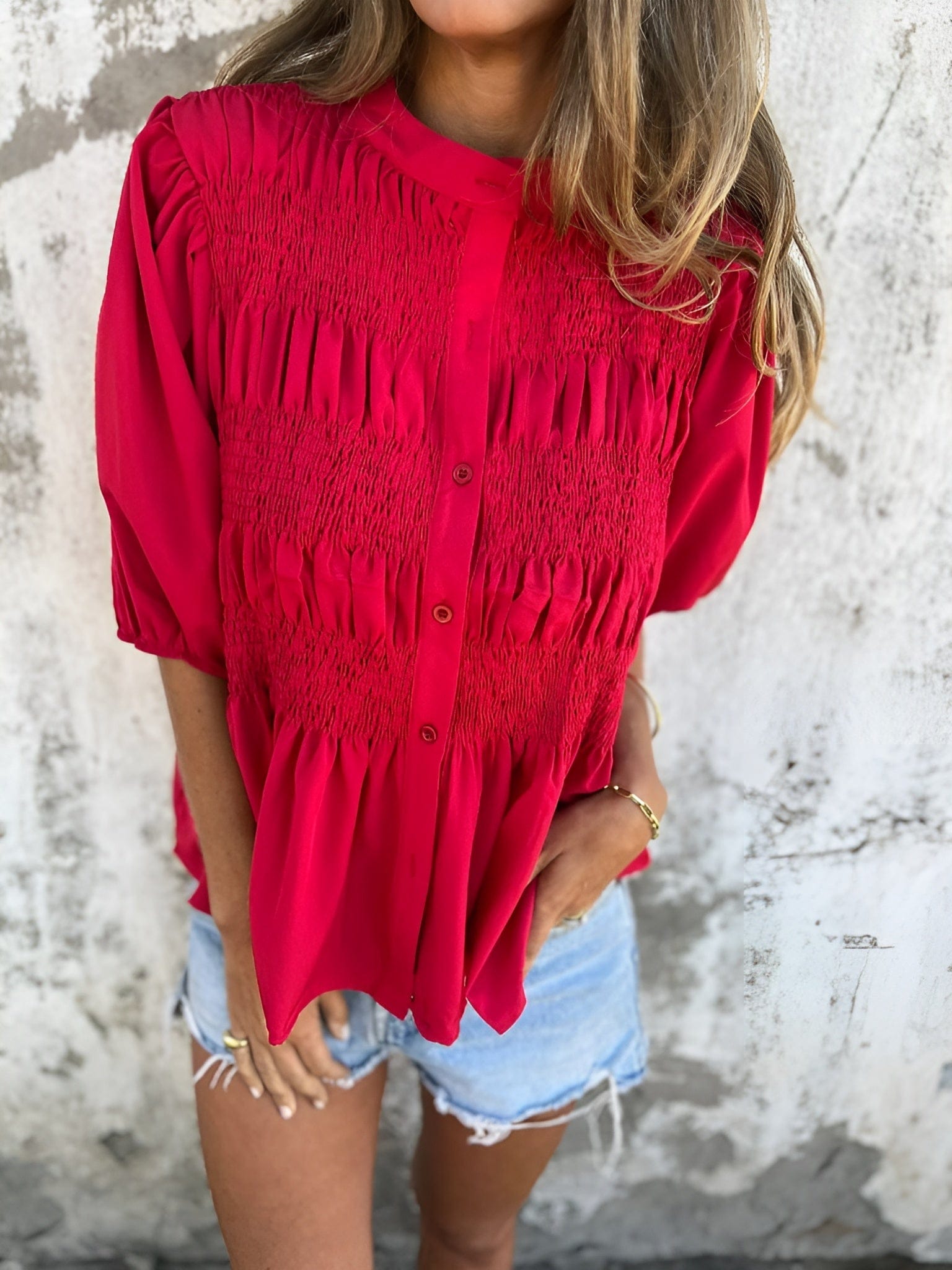 Women's Button-Up Blouse with Smocked Bodice and Puff Sleeves