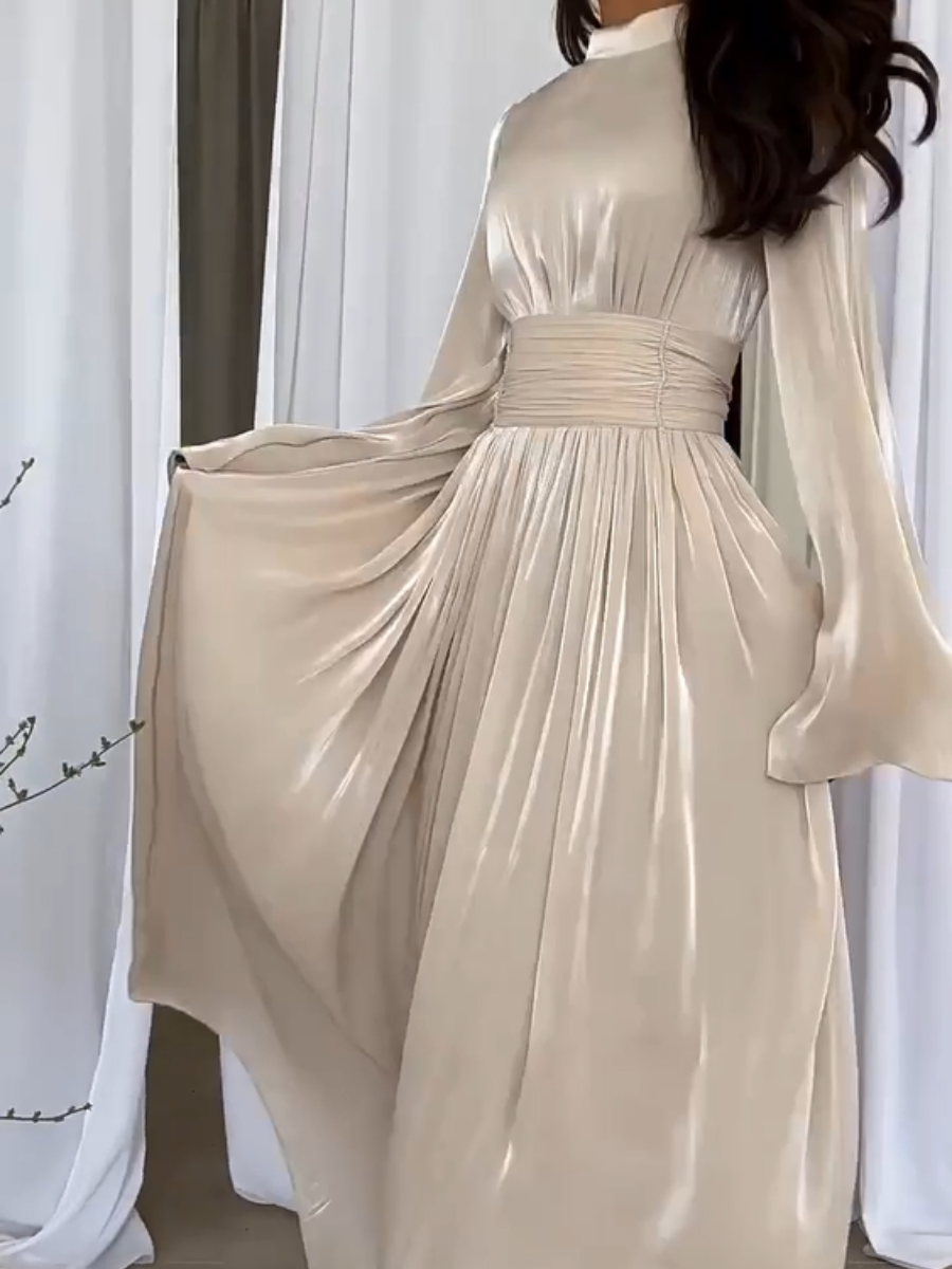 Women's Long Sleeve Maxi Dress with Waistband and High Neckline