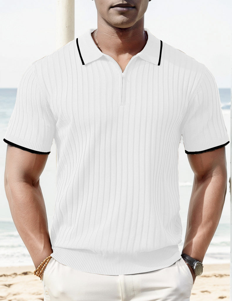 Men's Ribbed Short-Sleeve Zip Polo Shirt with Contrast Trim