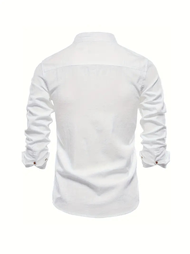 Men's Long-Sleeve Button-Up Shirt with Mandarin Collar and Logo