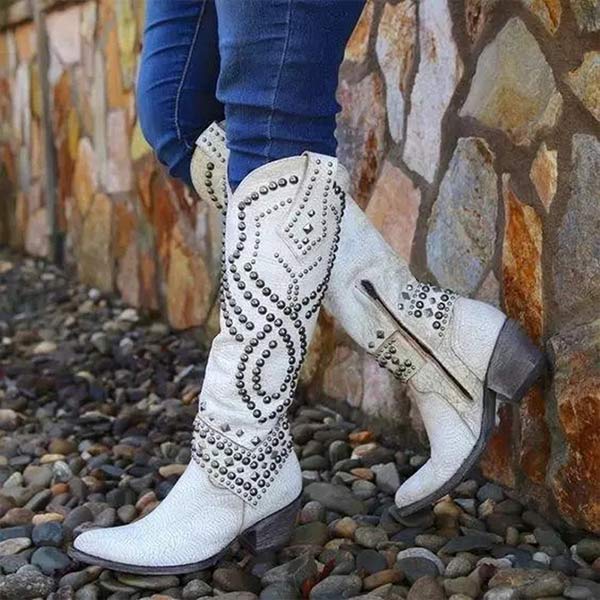 Women's Knee High Cowboy Boots with Rivet Detail Thick Heel and Side Zip
