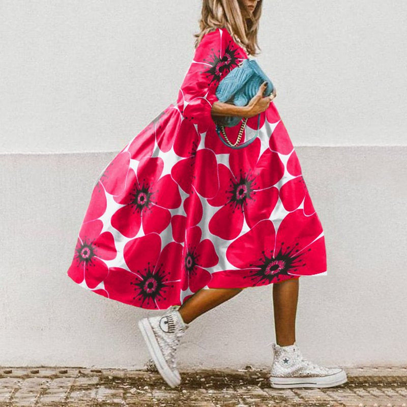 Women’s Floral Oversized Midi Dress – Casual Loose Swing Fit