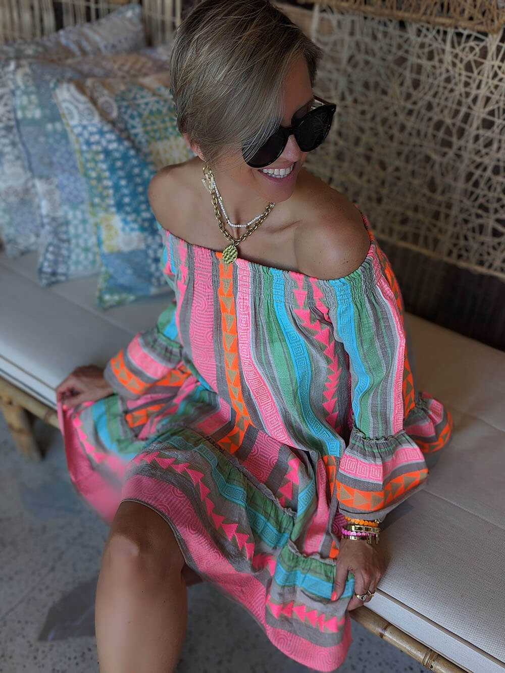 Women’s Ethnic Print Off-Shoulder Loose Mini Dress