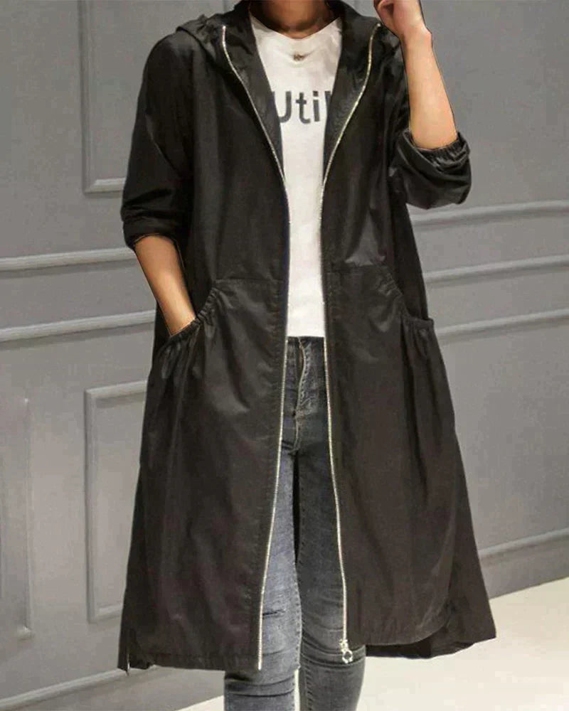 Women's Long Waterproof Weatherproof Hooded Raincoat with Zip