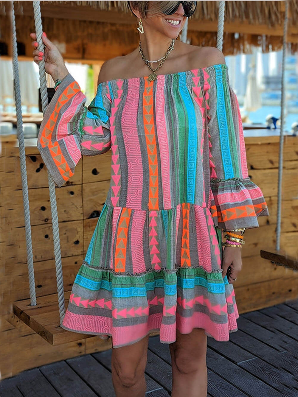 Women’s Ethnic Print Off-Shoulder Loose Mini Dress