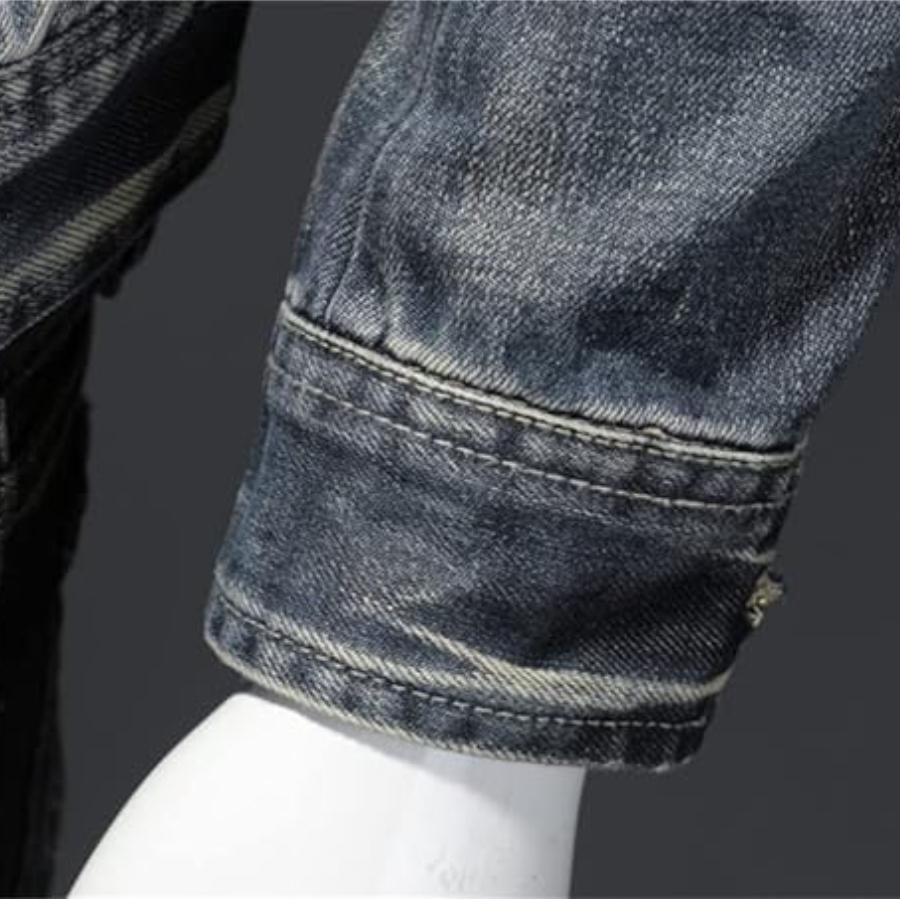 Men's Faded Zip-Up Denim Jacket with Moto-Style Stitch Details