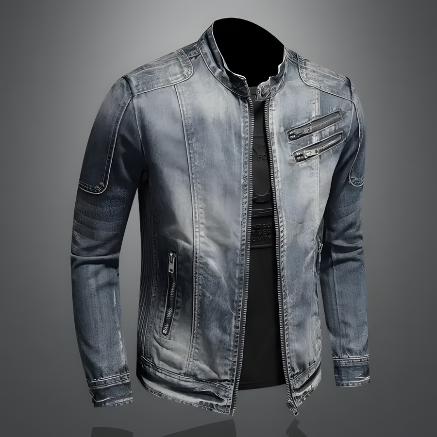 Men's Faded Zip-Up Denim Jacket with Moto-Style Stitch Details