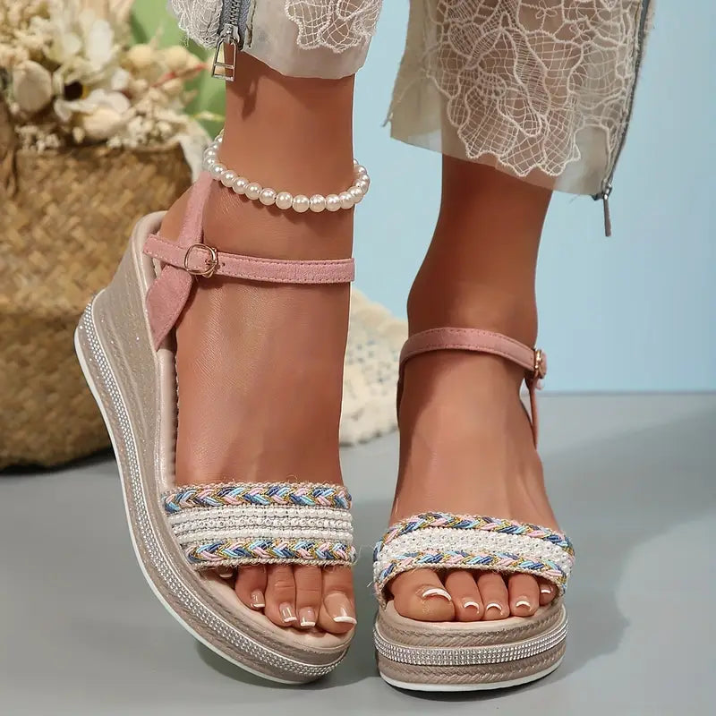 Women's Wedge Sandals with Braided Strap and Ankle Buckle