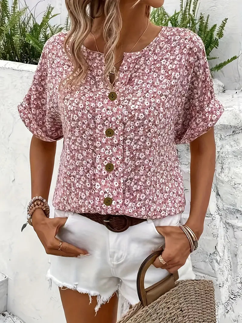 Women's Floral Short-Sleeve Button Top with Loose Casual Fit