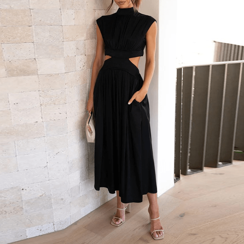 Women's High Neck Flowy Midi Dress with Cut-Out Detail