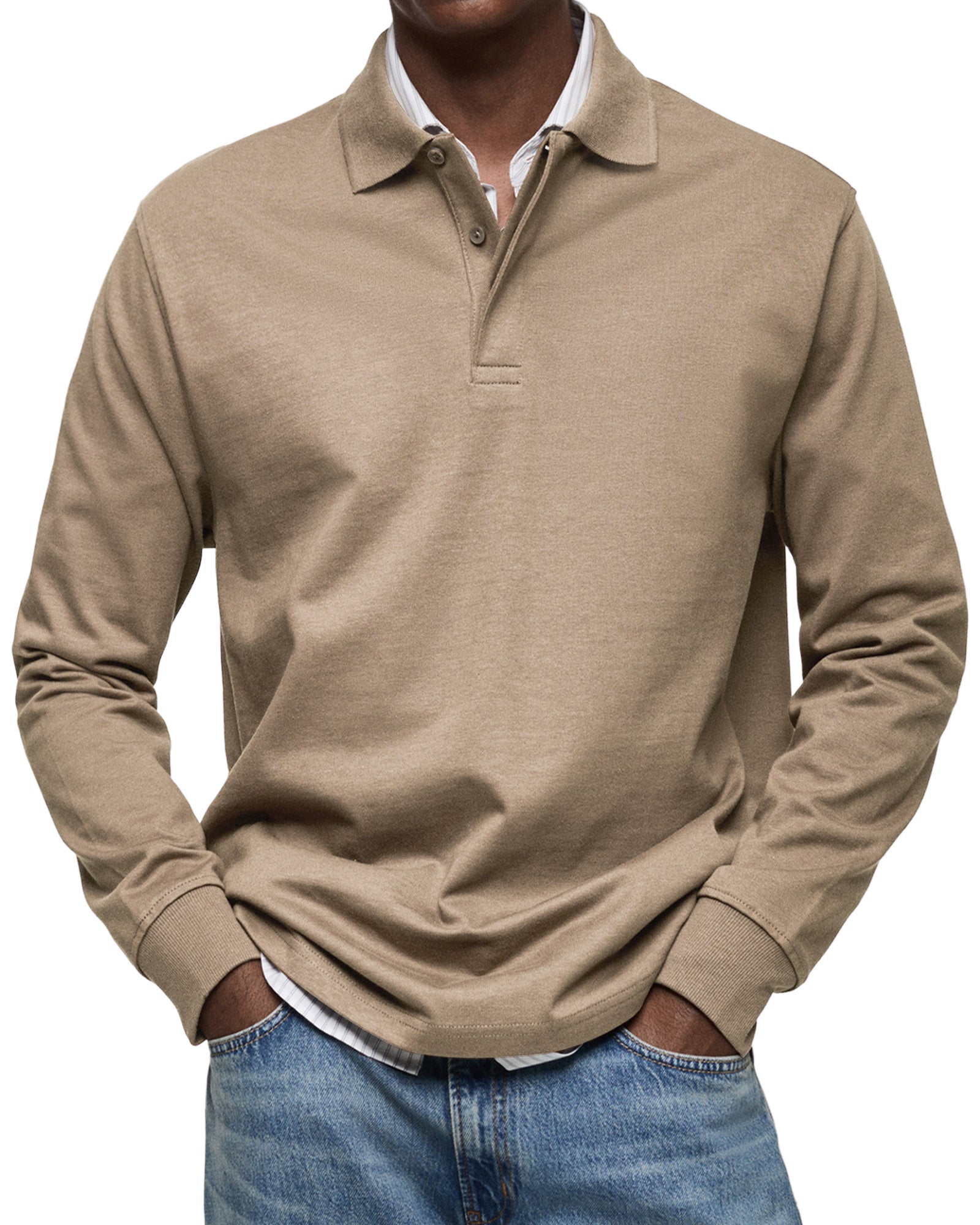 Men's Long Sleeve Polo Shirt with Button Collar and Cuffed Hem