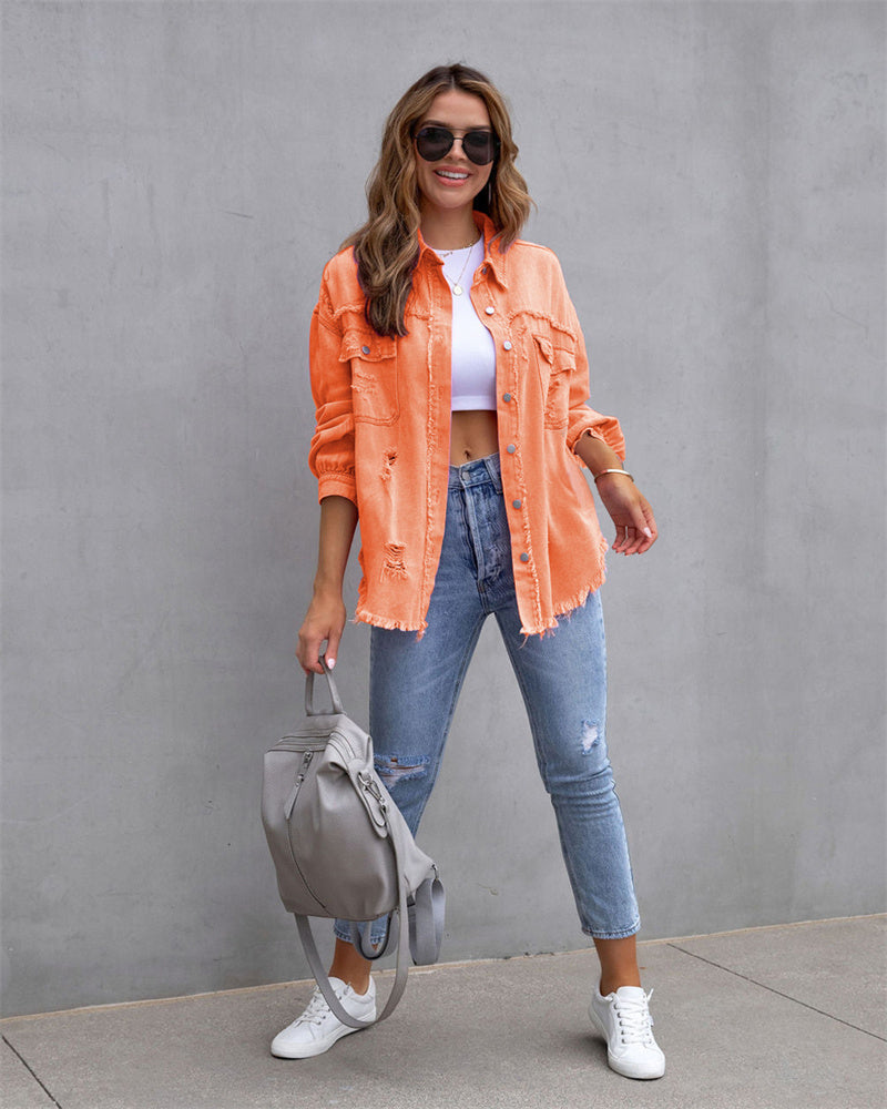 Women's Distressed Button-Up Denim Jacket with Raw Hem Edges