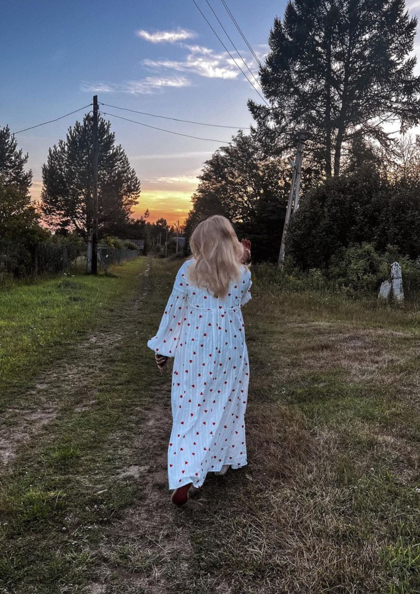 Women's Long Sleeve Maxi Dress with Heart Print Design