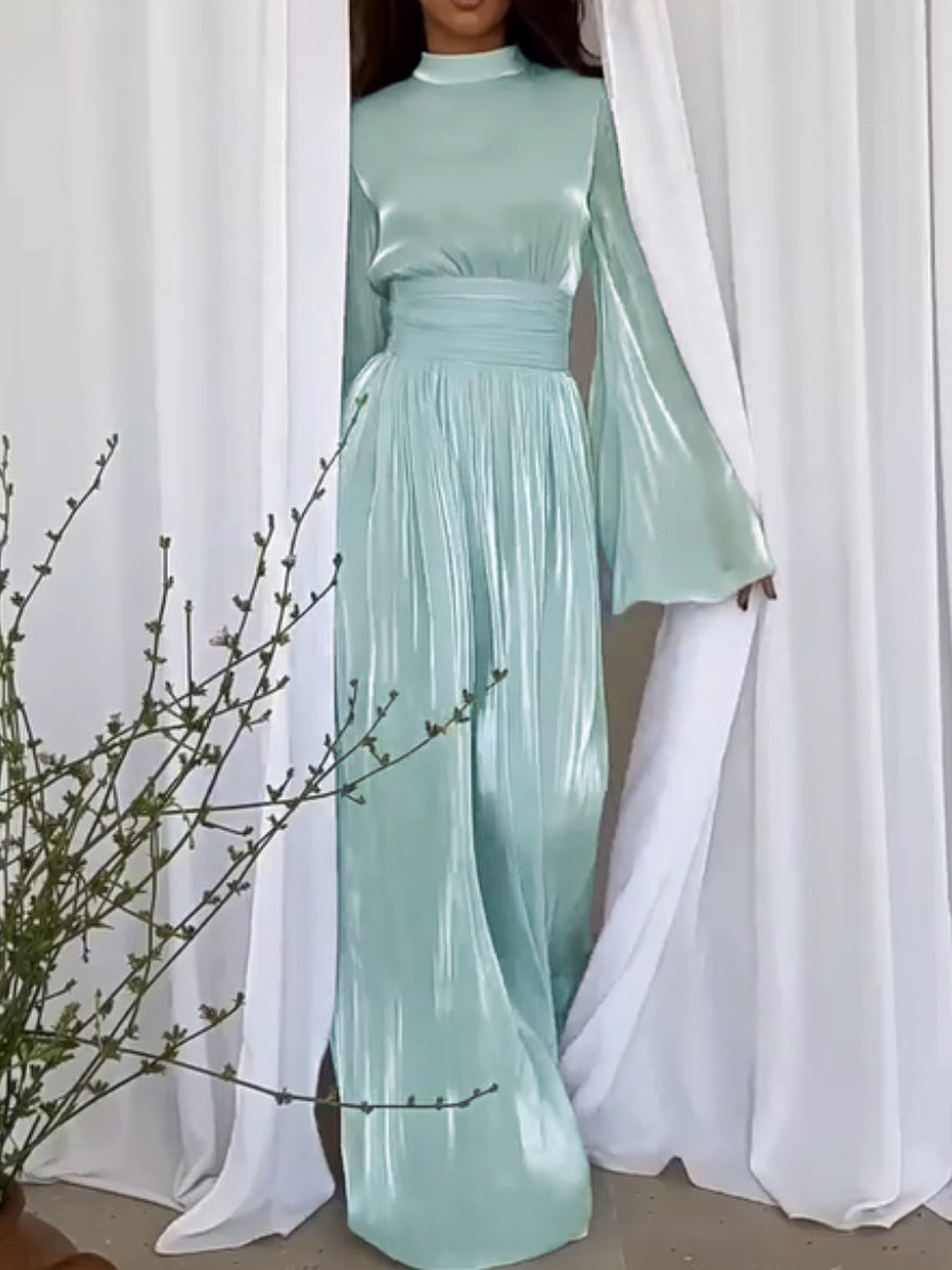 Women's Long Sleeve Maxi Dress with Waistband and High Neckline