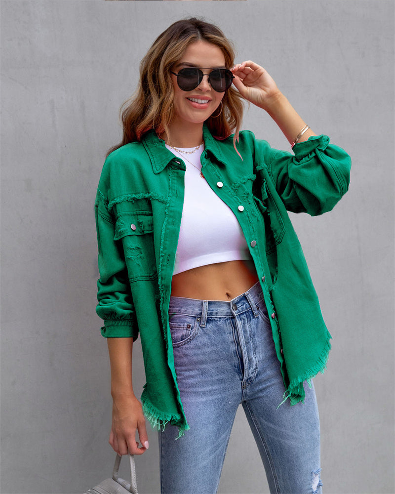 Women's Distressed Button-Up Denim Jacket with Raw Hem Edges