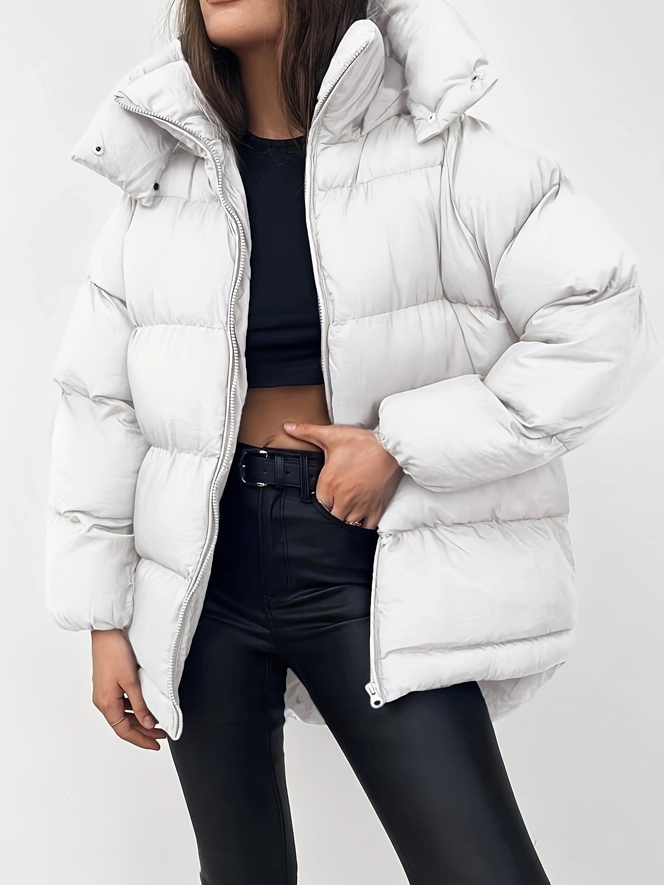 Women's Short Hooded Puffer Jacket with High Collar and Quilted Design
