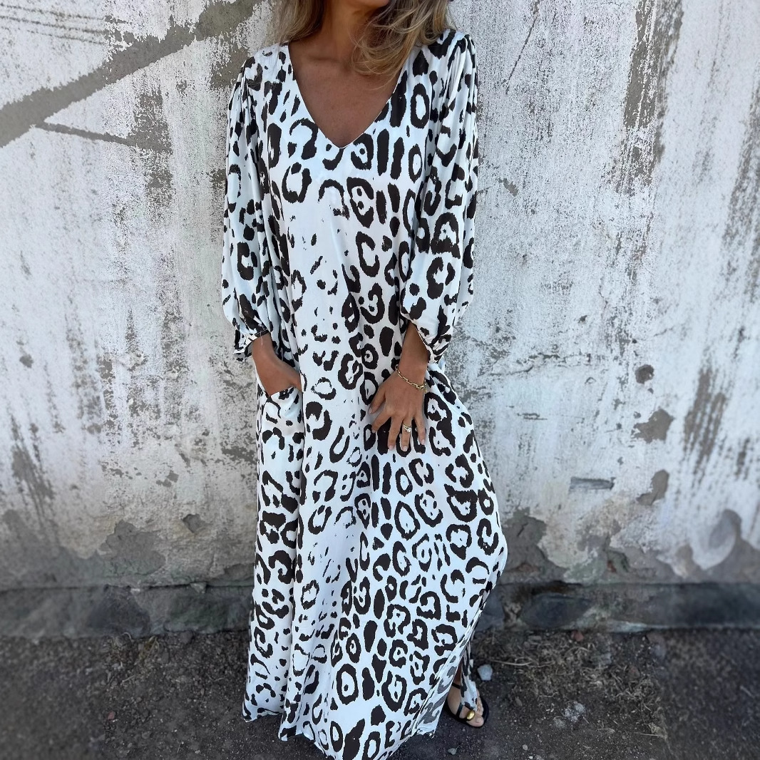 Women's V-Neck Maxi Dress with Animal Print and Long Sleeves