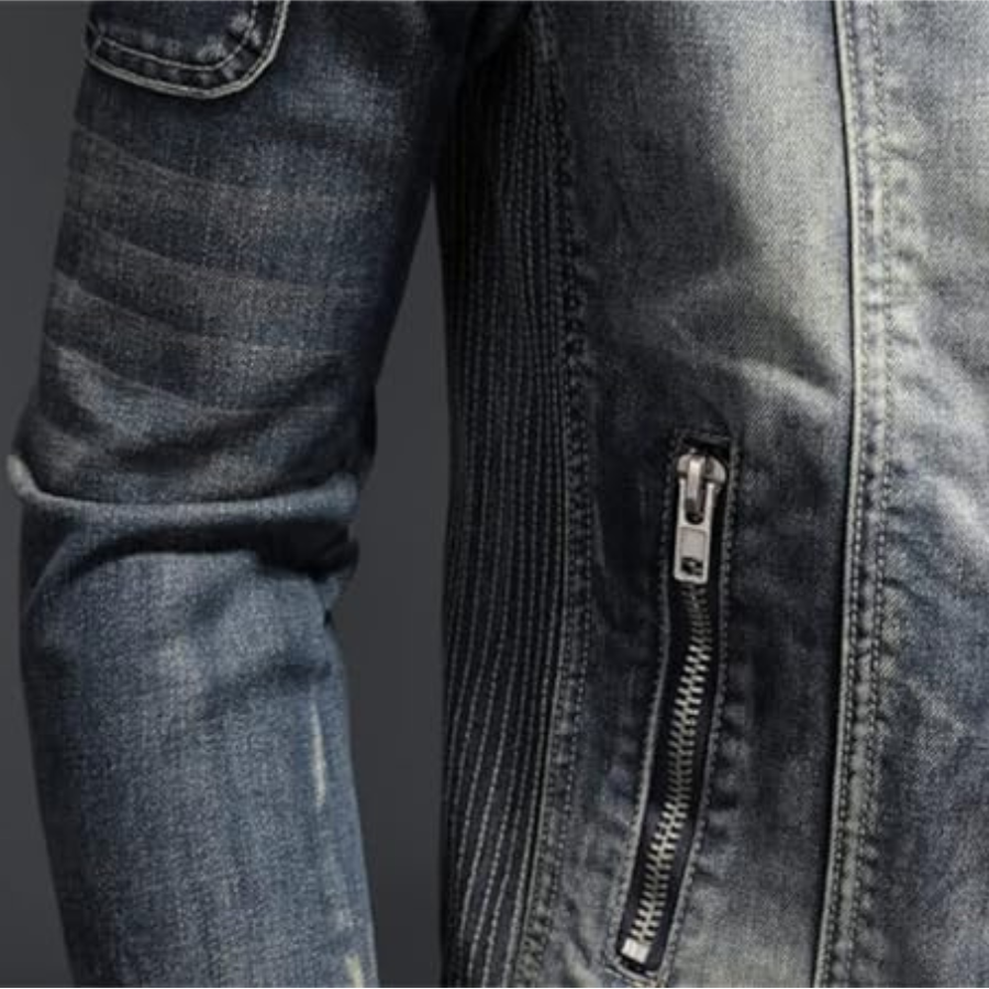 Men's Faded Zip-Up Denim Jacket with Moto-Style Stitch Details