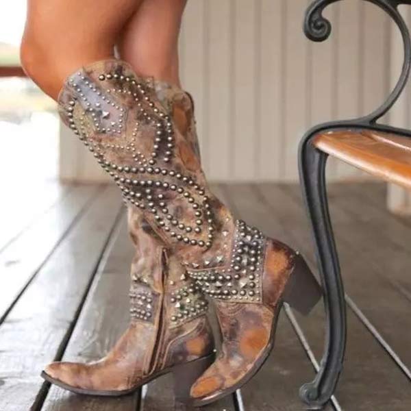 Women's Knee High Cowboy Boots with Rivet Detail Thick Heel and Side Zip