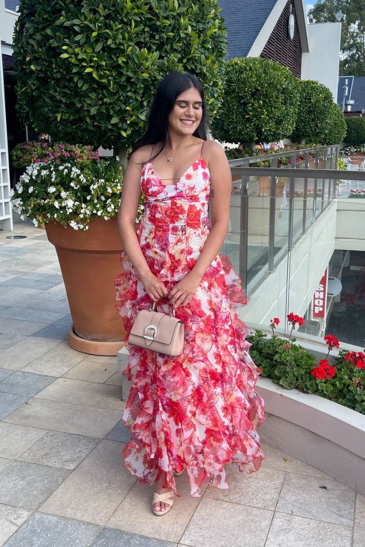 Women's Floral Maxi Dress with Ruffles and Open Back Design
