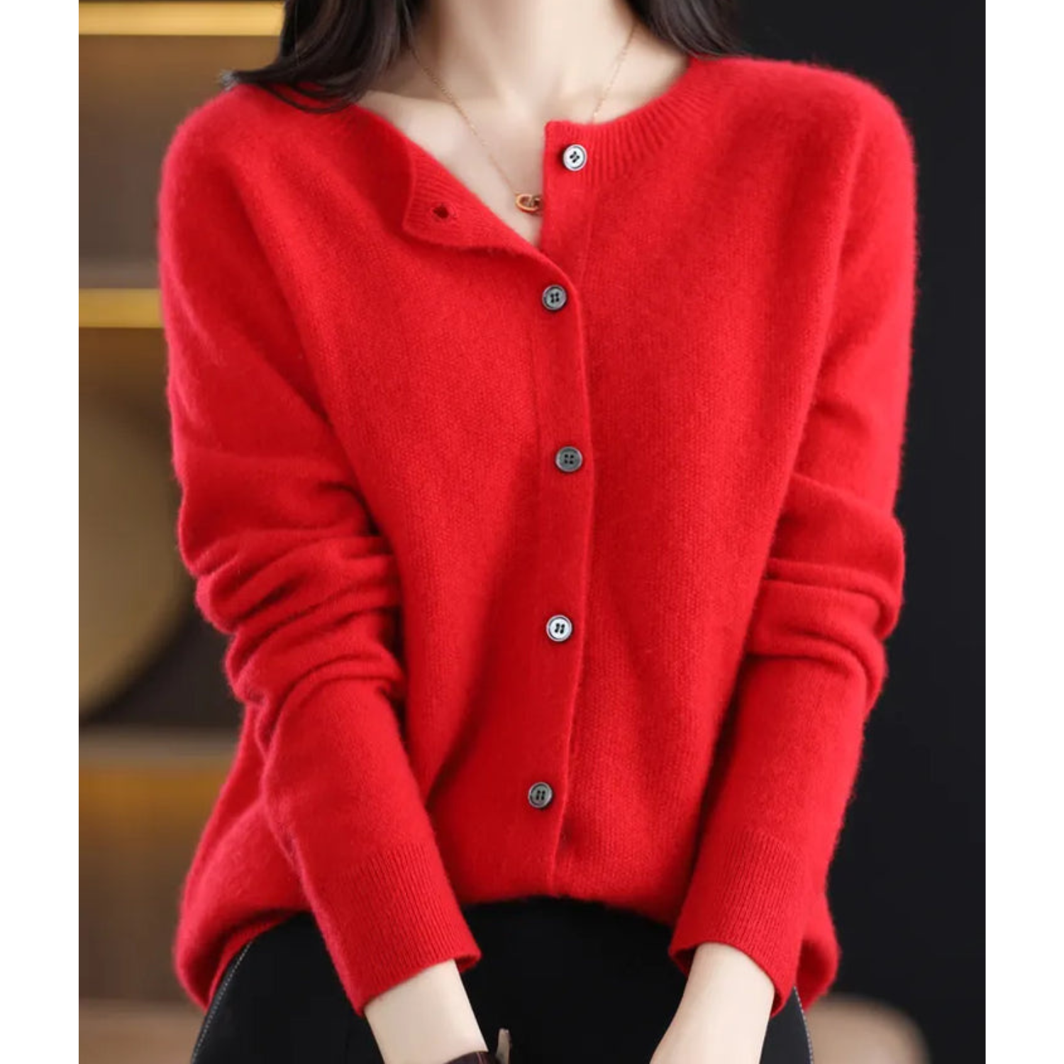 Women's Soft Knit Cardigan with Round Neck and Button Closure