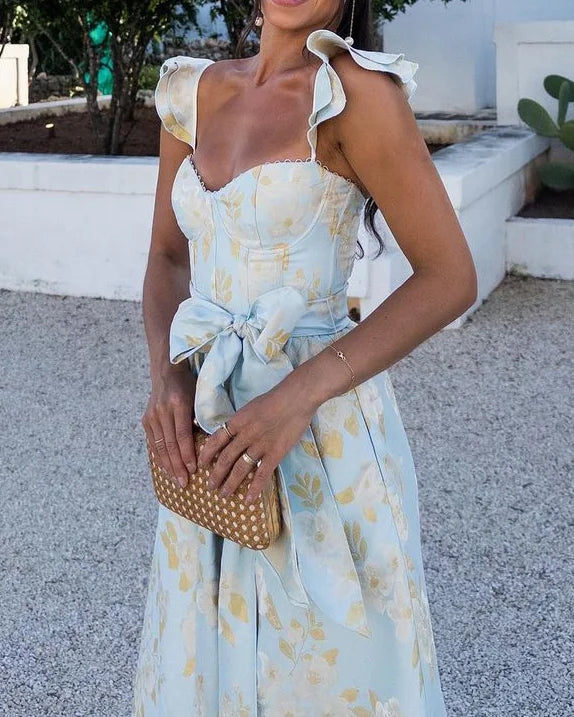 Women's Floral Print Midi Dress with Tie Waist and Butterfly Sleeves