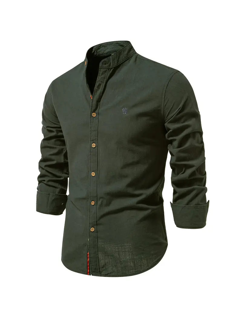Men's Long-Sleeve Button-Up Shirt with Mandarin Collar and Logo