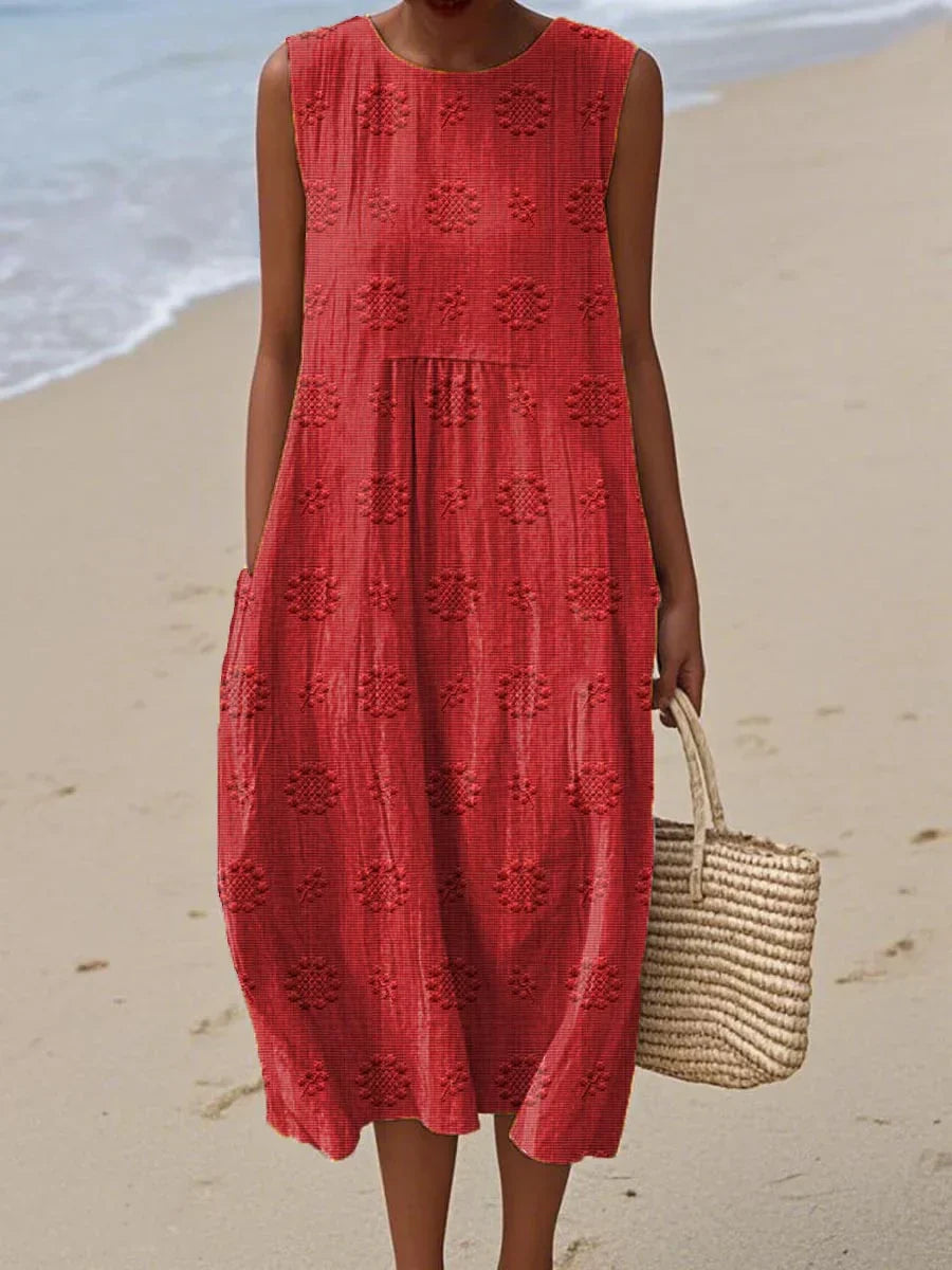Women's Sleeveless Embroidered Midi Dress with Relaxed Fit