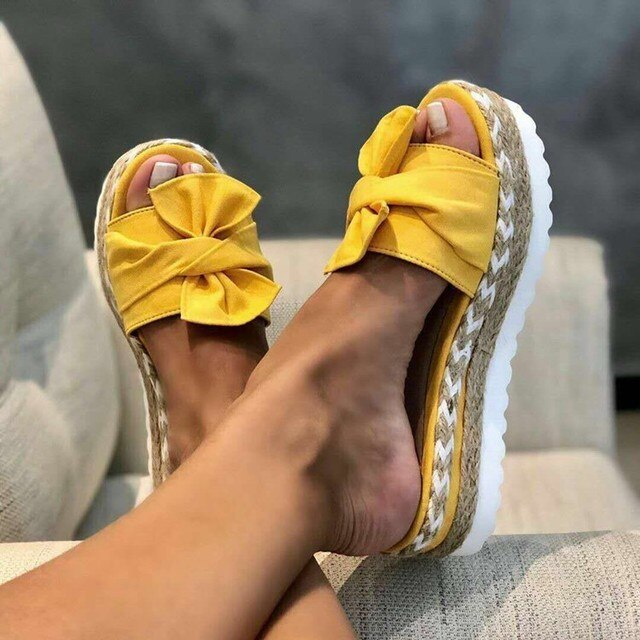 Women's Woven Wedge Slide Sandals with Peep Toe and Bow Accent