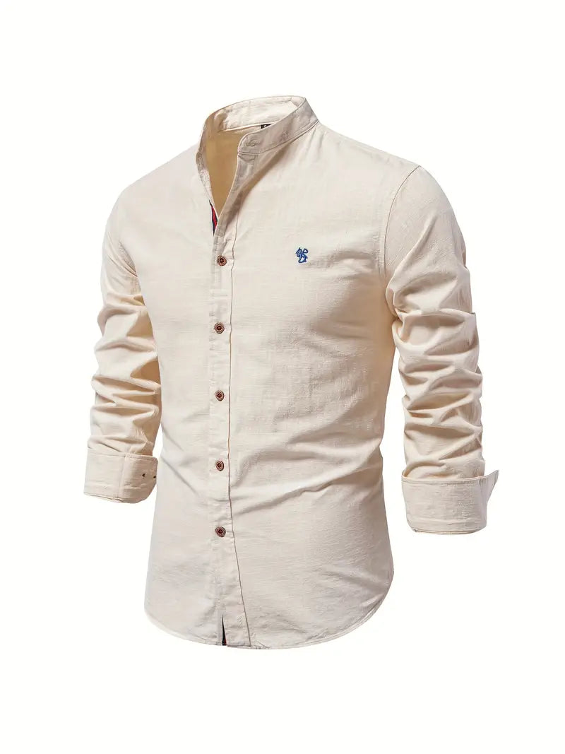 Men's Long-Sleeve Button-Up Shirt with Mandarin Collar and Logo