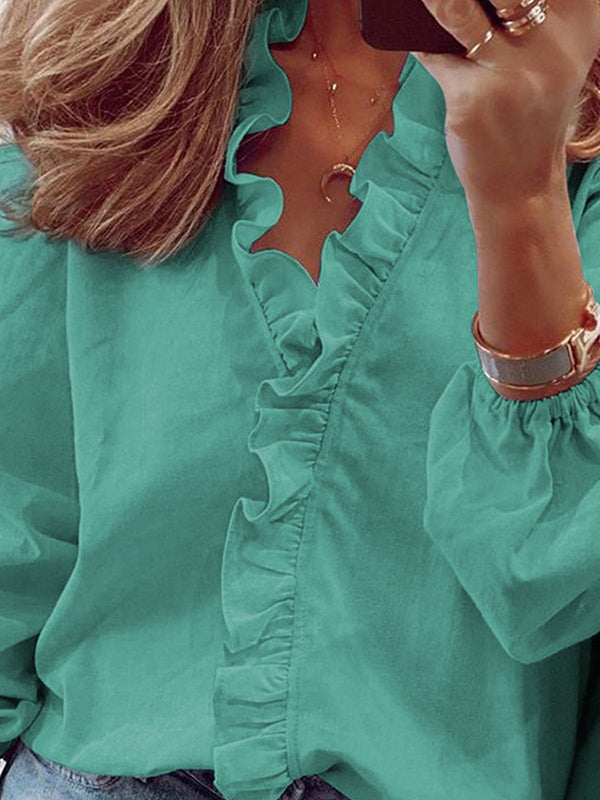 Women's V-Neck Long Sleeve Blouse with Ruffle Trim and Puff Sleeves