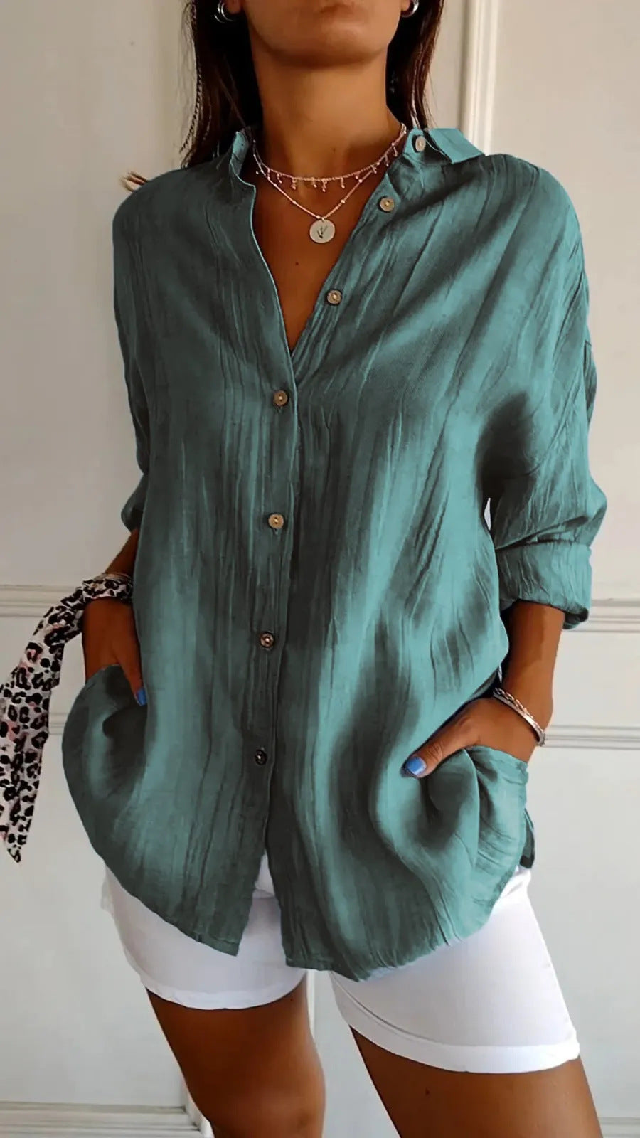 Women's Button-Down Shirt with Lapel and Long Sleeves