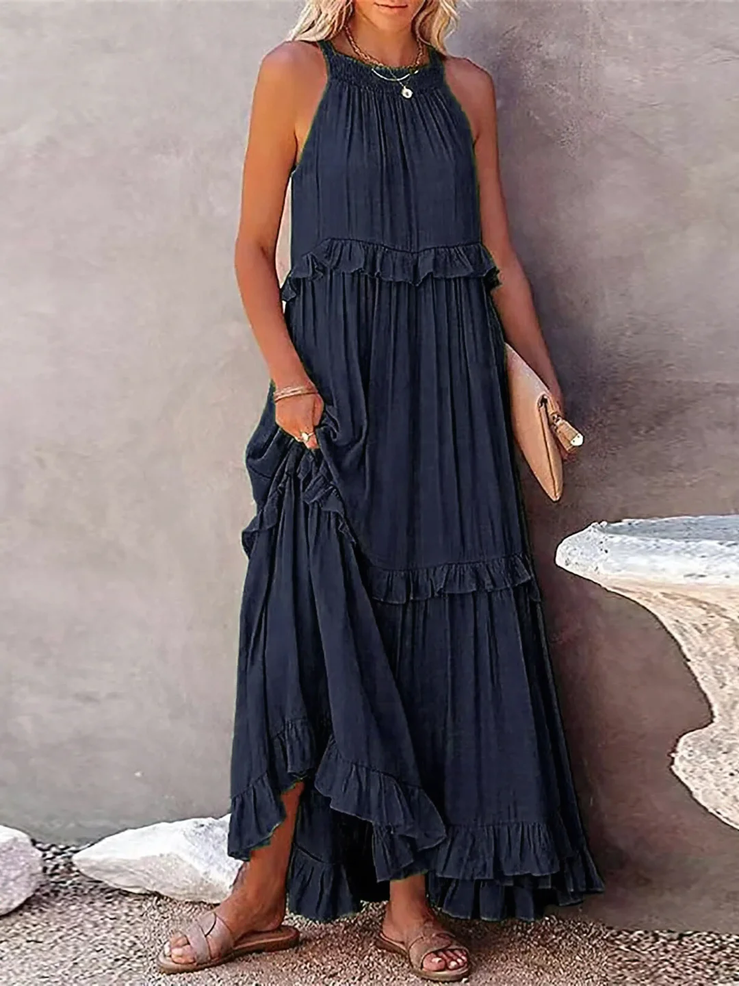 Women's Sleeveless Maxi Dress with Ruffled Skirt
