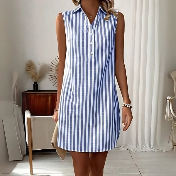 Women's Sleeveless Shirt Dress with Collar and Button Detail