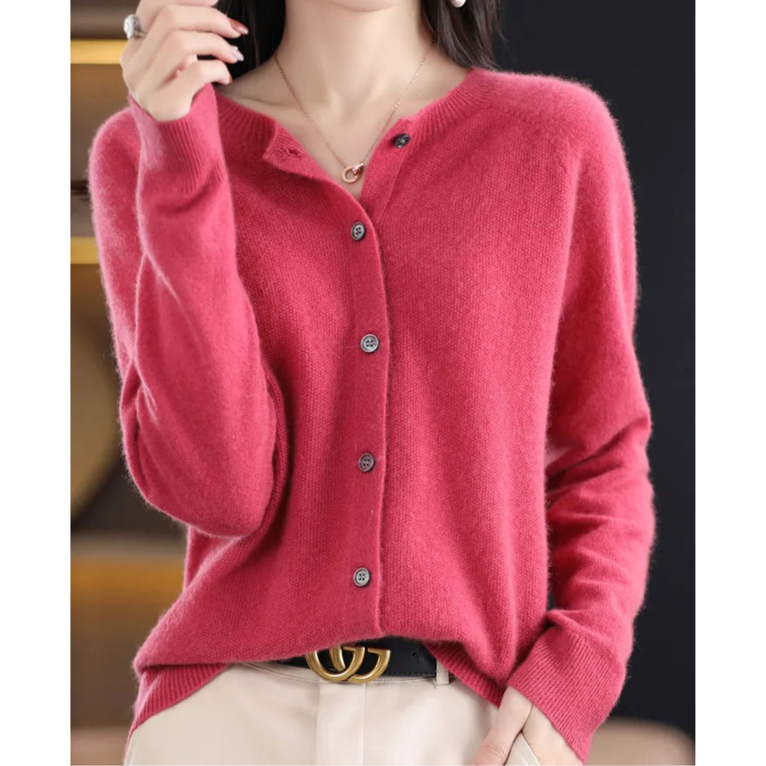 Women's Soft Knit Cardigan with Round Neck and Button Closure