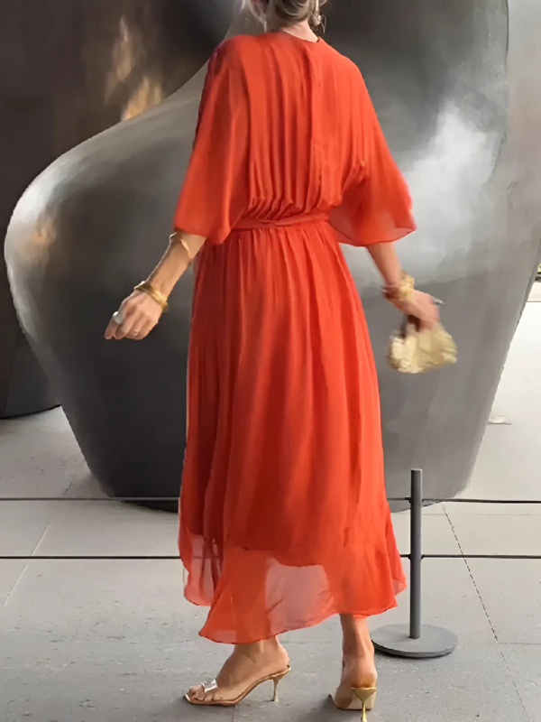 Lightweight Midi Dress with V Neck and Draped Sleeves for Women