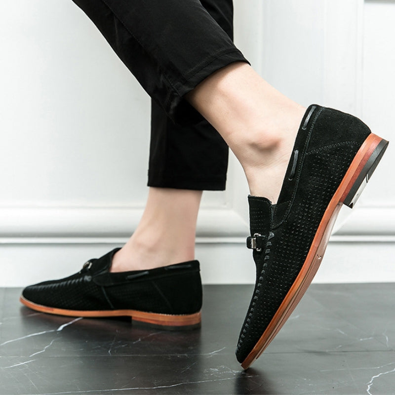Men's Loafers with Pin Buckle Accent and Perforated Detailing
